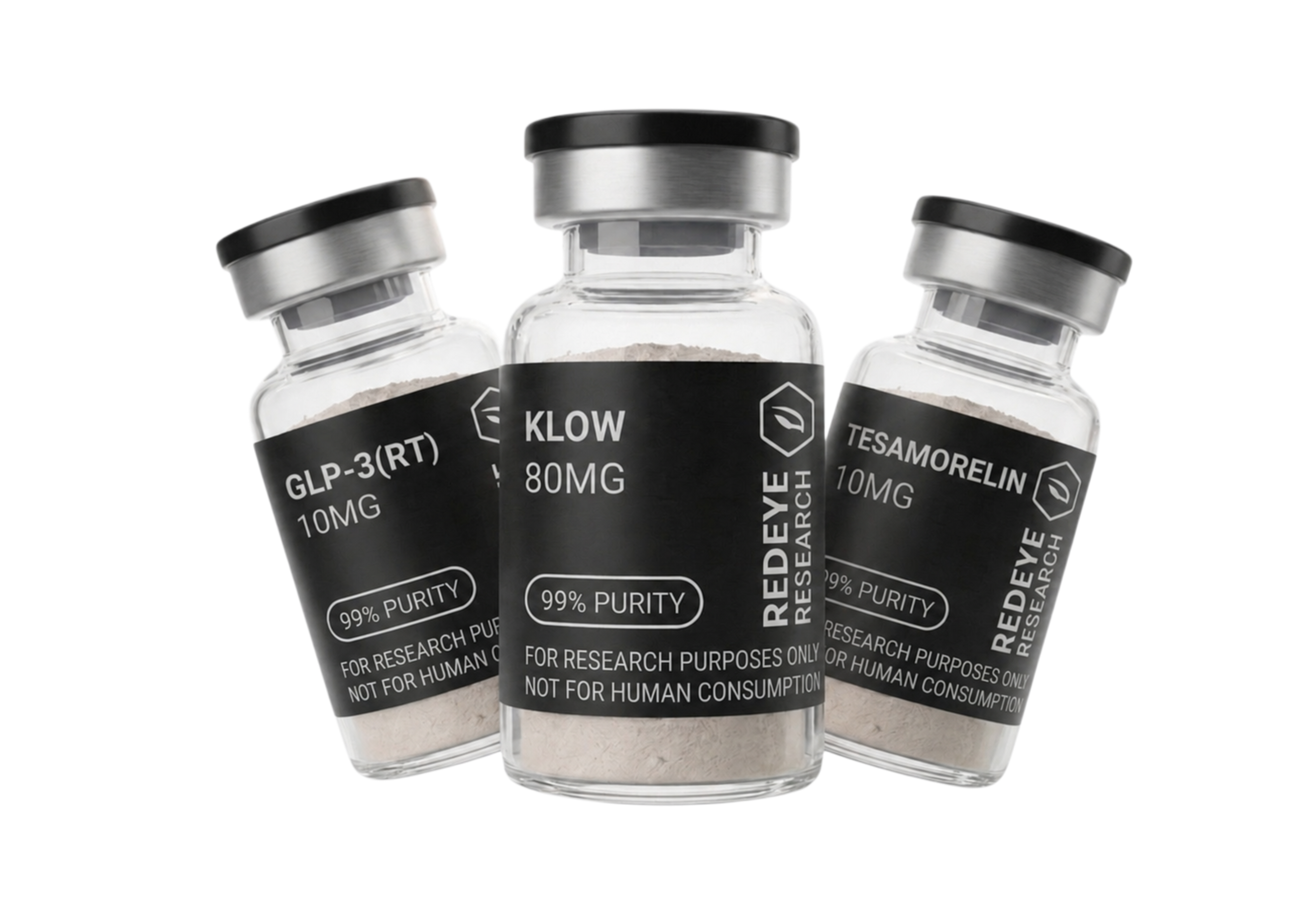 Redeye Research research vials — GLP-3(RT), KLOW, and Tesamorelin